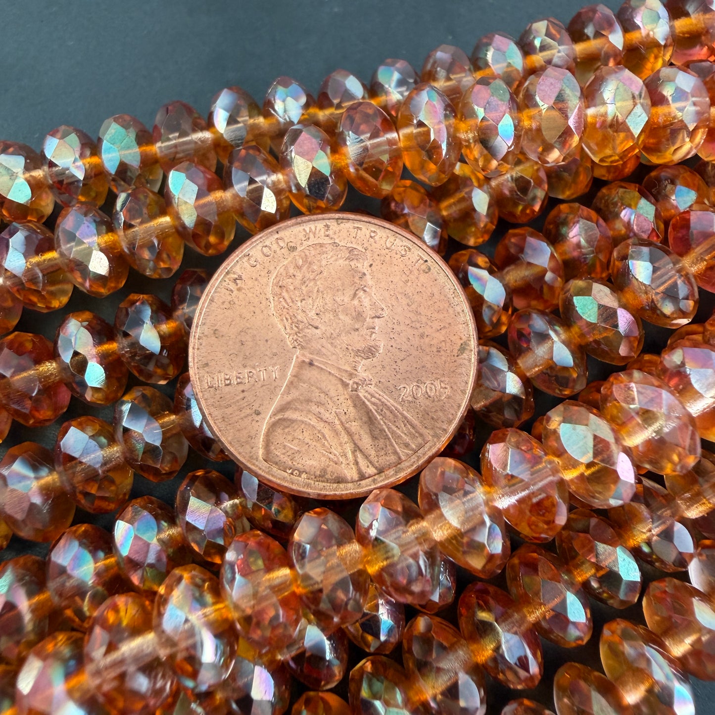 Transparent Amber/Orange AB Faceted Rondell 4mm x 7mm