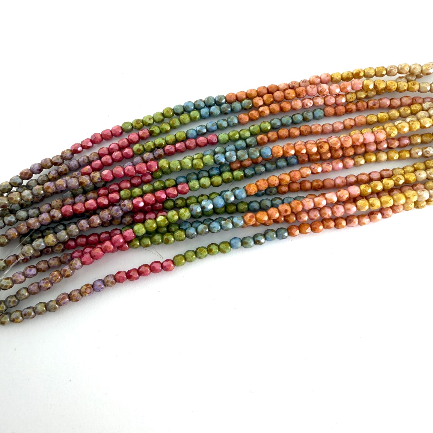 3mm Czech Fire Polish - 9-color Picasso Rainbow Luster – 45 pcs. Five pieces of each color.