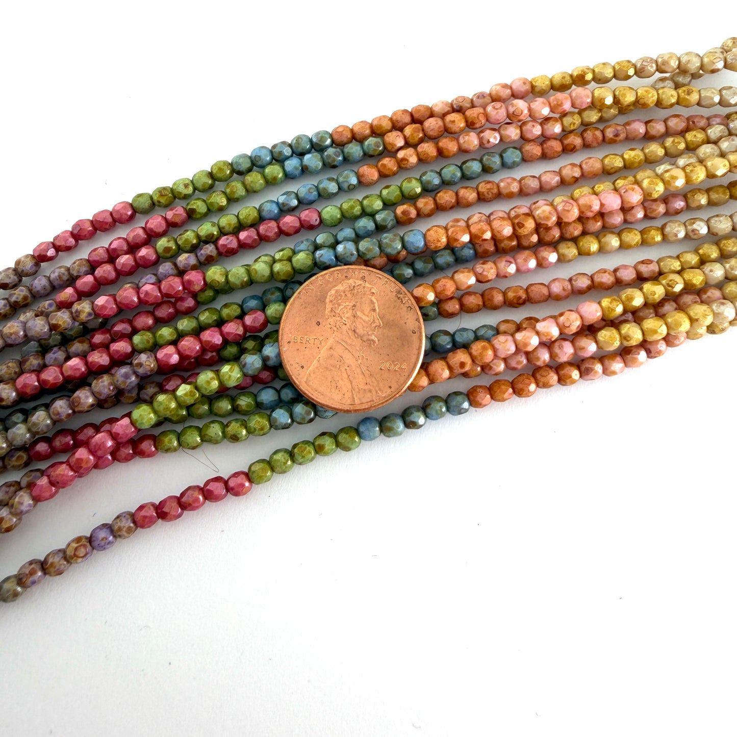 3mm Czech Fire Polish - 9-color Picasso Rainbow Luster – 45 pcs. Five pieces of each color.