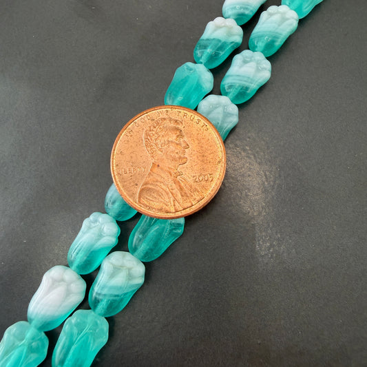 Teal/White Tulip Czech Glass Bead