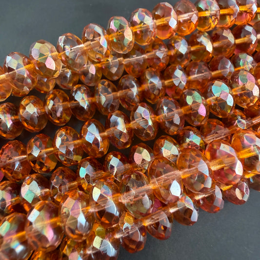 Transparent Amber/Orange AB Faceted Rondell 6mm x 8mm