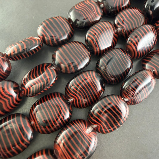 Jet/Red Tiger Stripe Oval, 12mm x 14mm, 14 Beads