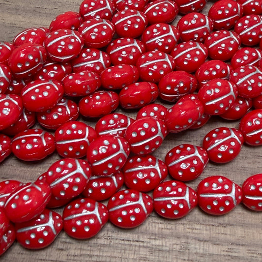 Red/Silver Ladybug, 7mm x 9mm, 25 Beads