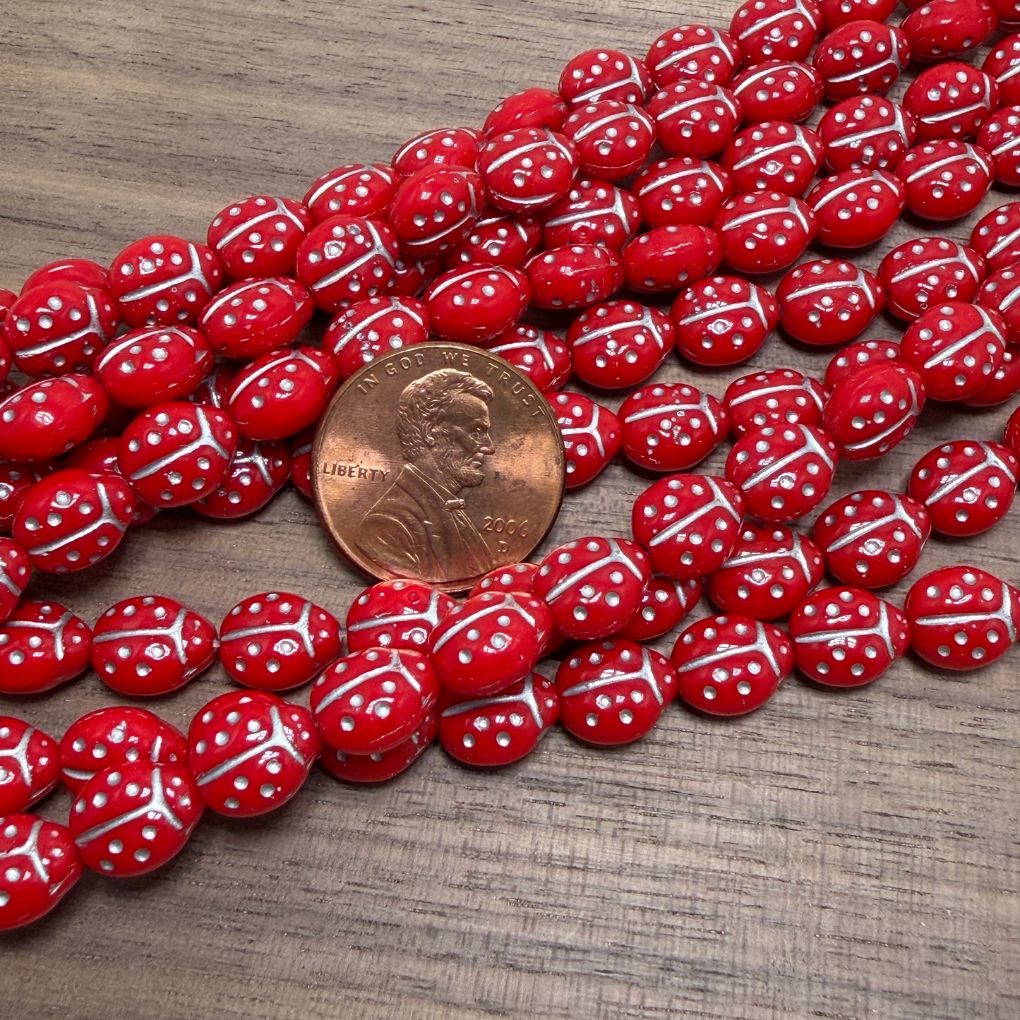 Red/Silver Ladybug, 7mm x 9mm, 25 Beads
