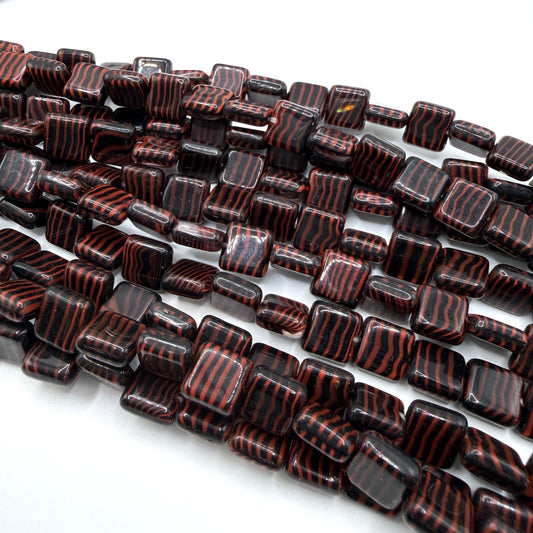 Jet/Red Tiger Stripe Square, 9mm, 24 Beads