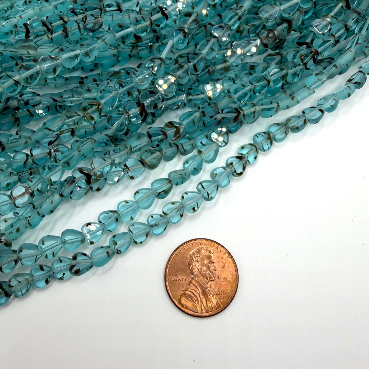 Transparent Aqua Tiger Stripe Table Cut Heart, 8mm, 28 Beads