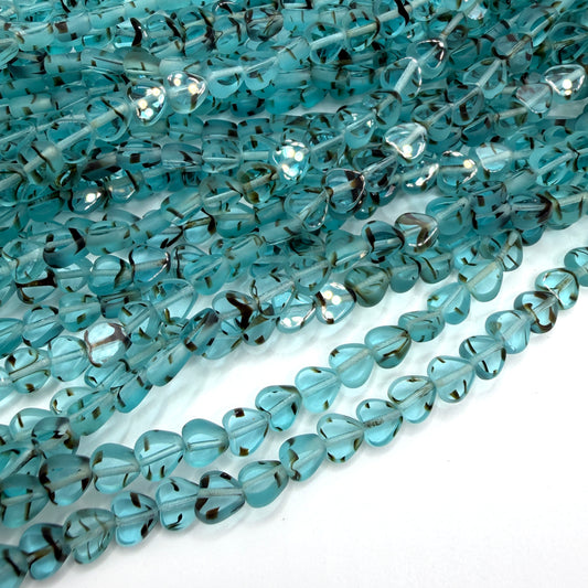 Transparent Aqua Tiger Stripe Table Cut Heart, 8mm, 28 Beads